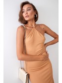 Maxi ribbed dress with a slit, beige 110591 - Online store - Boutique